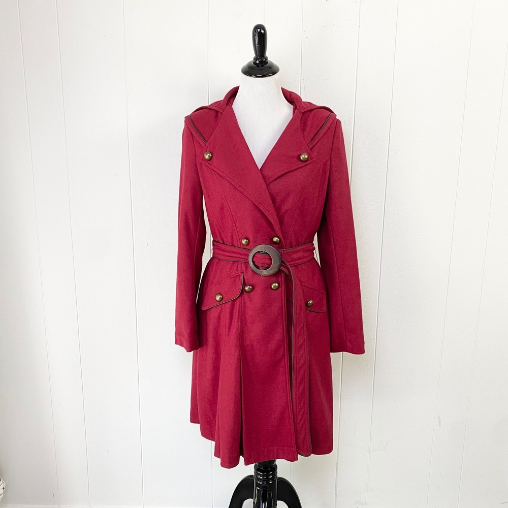 Soft Surroundings Red Wool Blend Leopard Lined Belted Trench Coat Women's XS